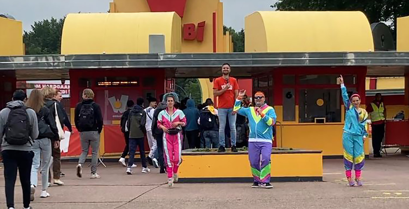 Morning gymnastics with fitness instructors in Walibi, Holland