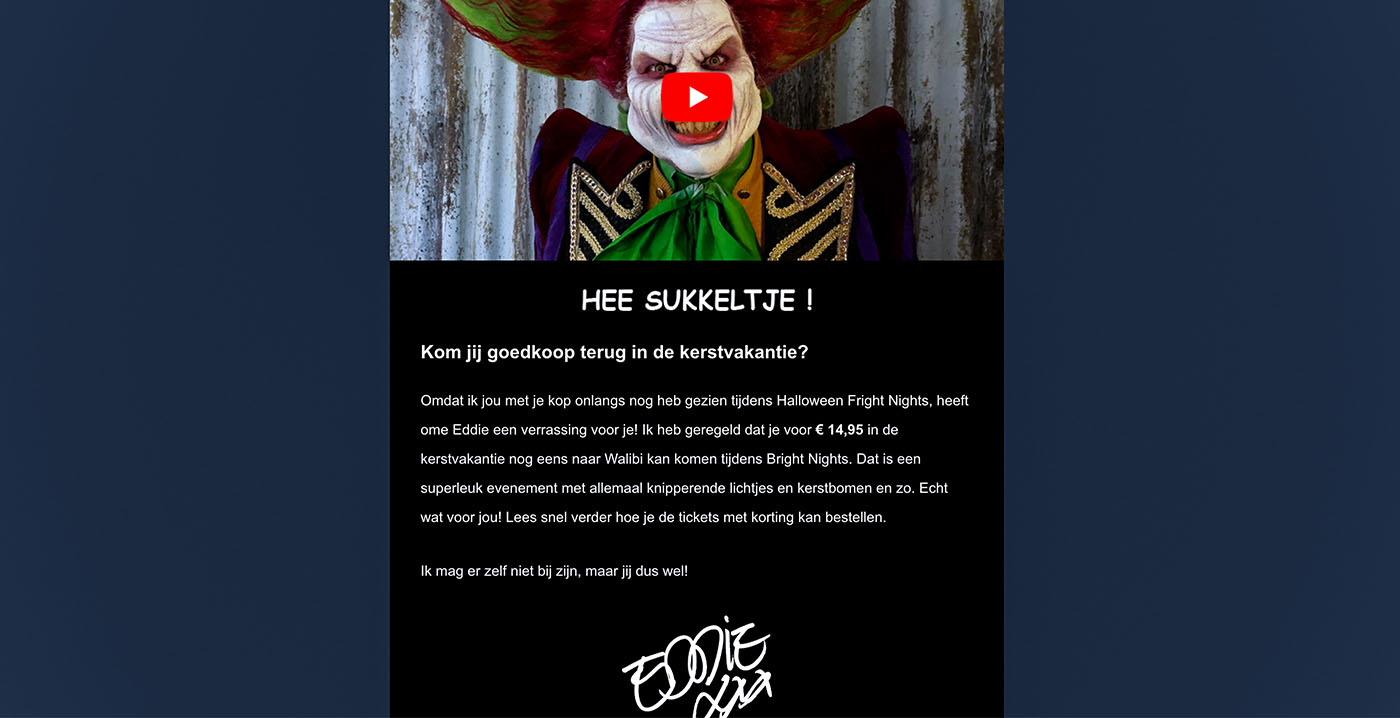 Walibi Holland zet Eddie de Clown in om kaartjes te verkopen voor winteropening