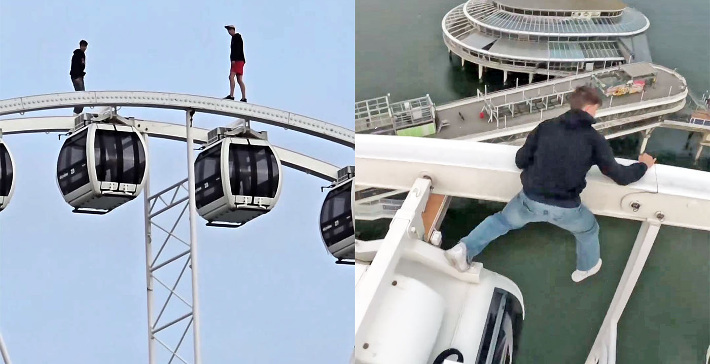 Levensgevaarlijke stunt: waaghalzen beklimmen 40 meter hoog reuzenrad in Scheveningen