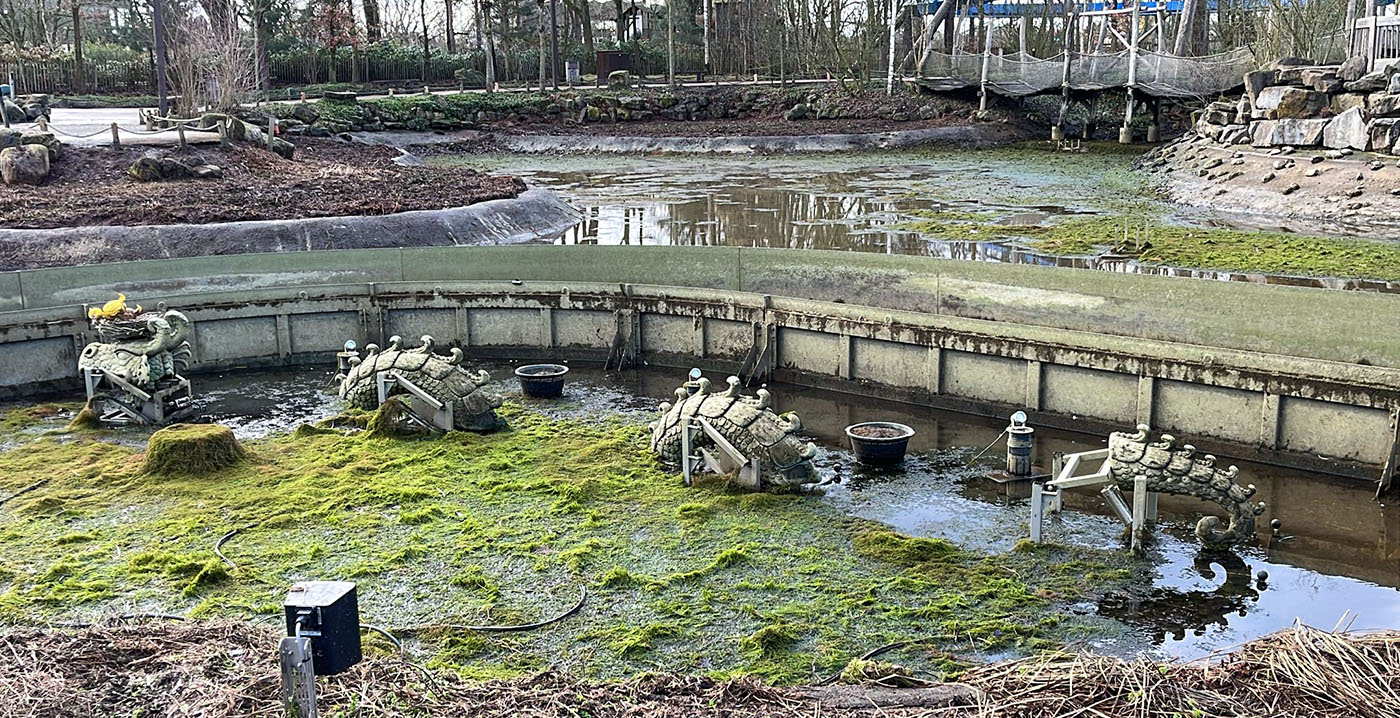 Foto's: Toverland-vijver leeggepompt voor onderhoud, techniek wordt zichtbaar