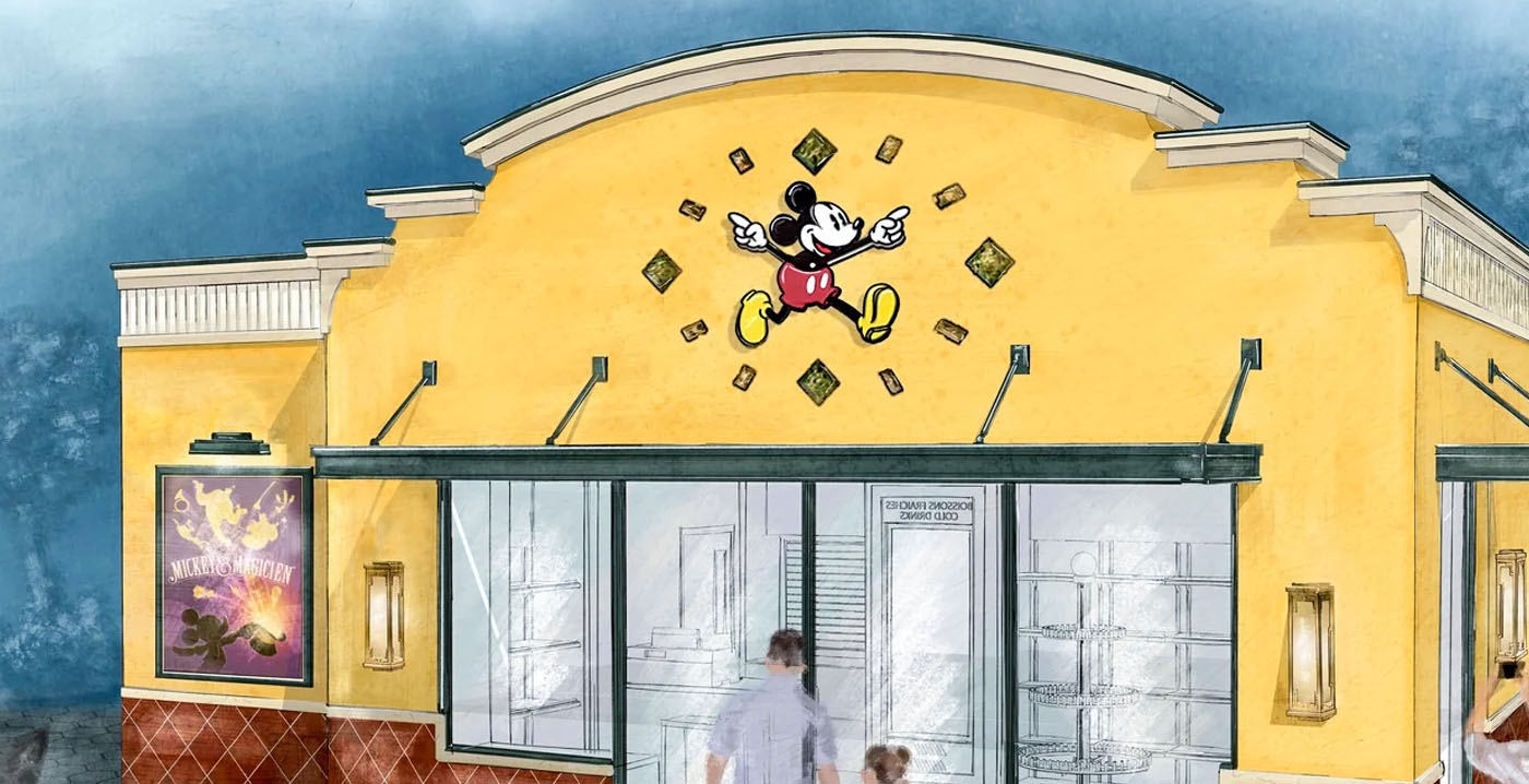 Disneyland Paris deelt ontwerp van nieuwe souvenirkiosk met Mickey-klok